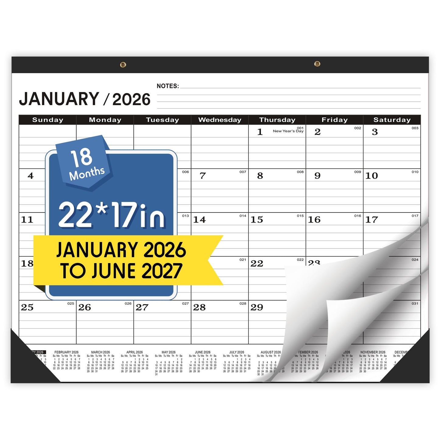 Desk Calendar 2026,January 2026 to June 2027,Desk calendar 2026 Large 22x17, Calendar 2026 with PVC Cover,Round Holes& NOTES List (Black),18 Months 2026 Desk Calender.
