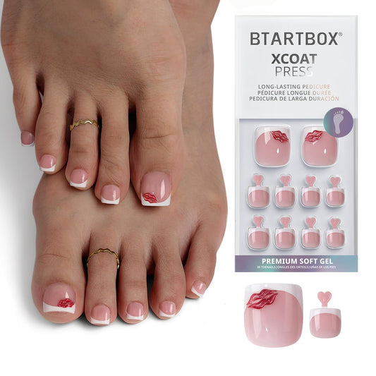 BTArtbox Press On Toenails Short - Date Night, Lamp-Curable 3D Red Lips French Tip Square Toe Nail Press Ons with Glue and Adhesive Tabs for Women in 15 Sizes - 30 Toenails All-in-One Kit