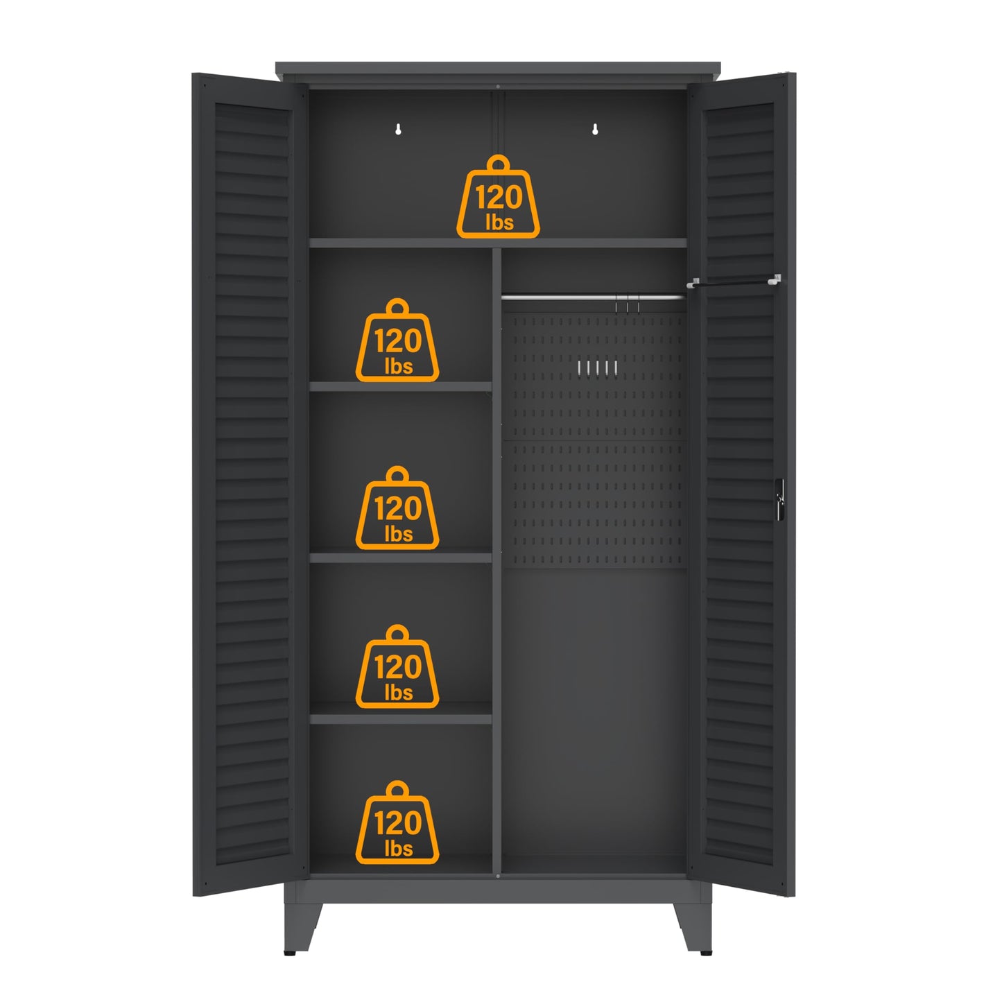 Shutter Metal Storage Cabinet,Waterproof 73'' Tall Freestanding Tool Chest w/ 3 Adjustable Shelves,Locking Doors,2 Hanging Rod,Utility Garage Storage Tool Cabinet for Garage,Home,Office,Outdoor,Black