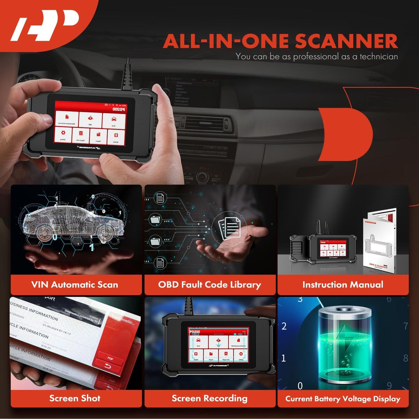A-Premium 2025 PD200 Enhanced 4 System OBD2 Scanner Diagnostic Tool, All Function Check Engine Code Reader Scan Tool, for Engine/ABS/SRS/Transmission System, 8 Reset, Free Online Update