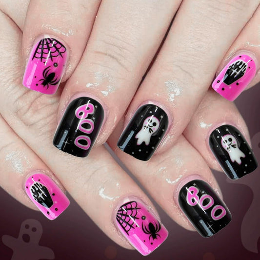 Short Halloween Press on Nail Square Fake Nails Black Pink False Nails Glossy Reusable Stick on Nail with Ghost Blood Spider Web designs Acrylic Artificial Nails for Women Kids Party Manicure24pcs