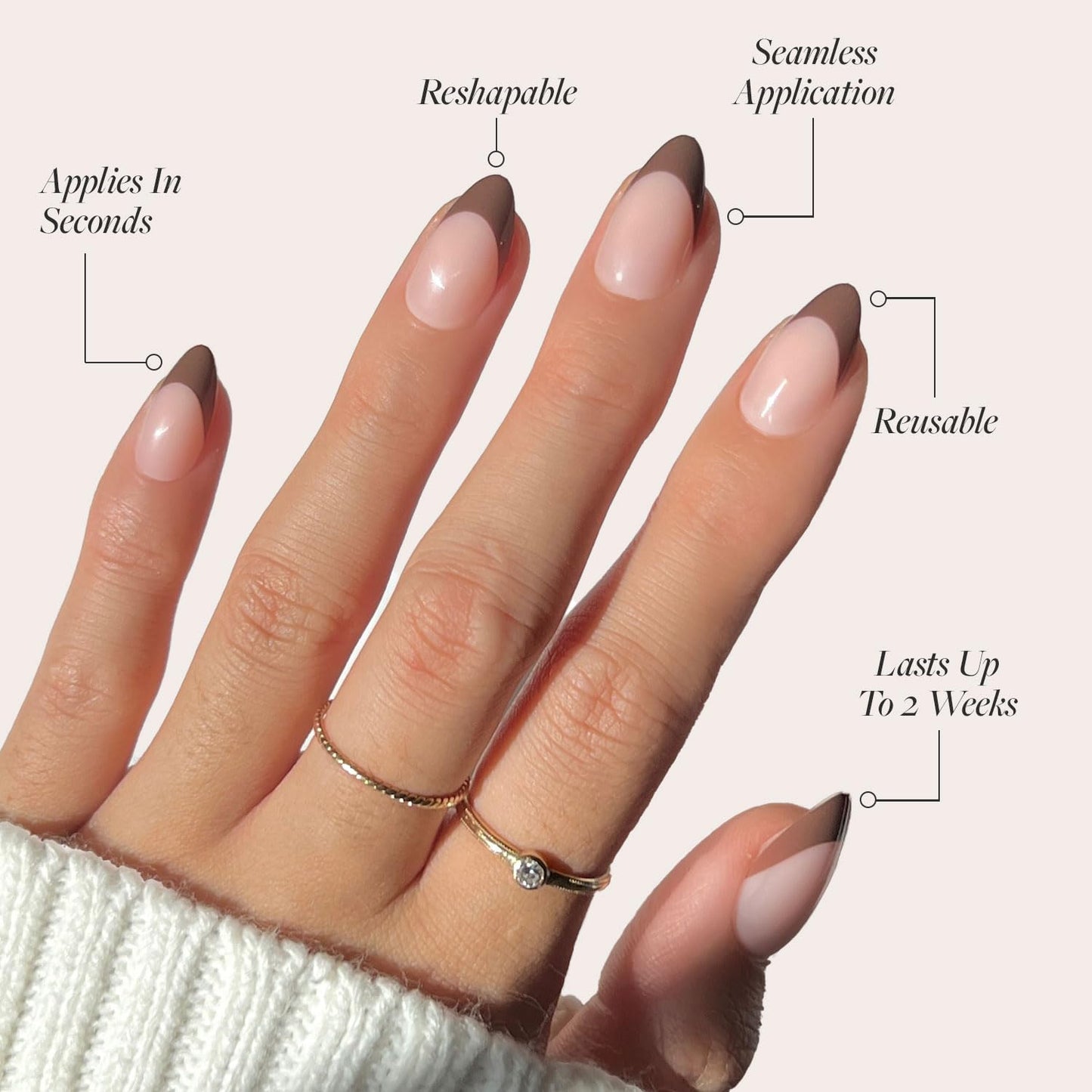 Glamnetic Press On Nails - Chocolat | Semi-Transparent Dark Brown French Tip Short Almond Fake Nails in a Glossy Finish, Salon Quality | 15 Sizes - 30 Nail Kit