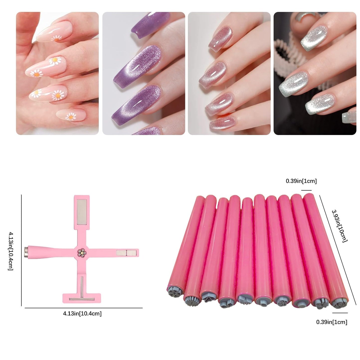 5 in 1 Nail Magnet Tool with 10Pcs Nail Art Stamp Pen, Nail Magnet for 3D Cat Eye Gel Nail Polish Magnet Tools, Nail Art Flower Stamp Pen DIY Nail Art Tools for Salon DIY Home Manicure