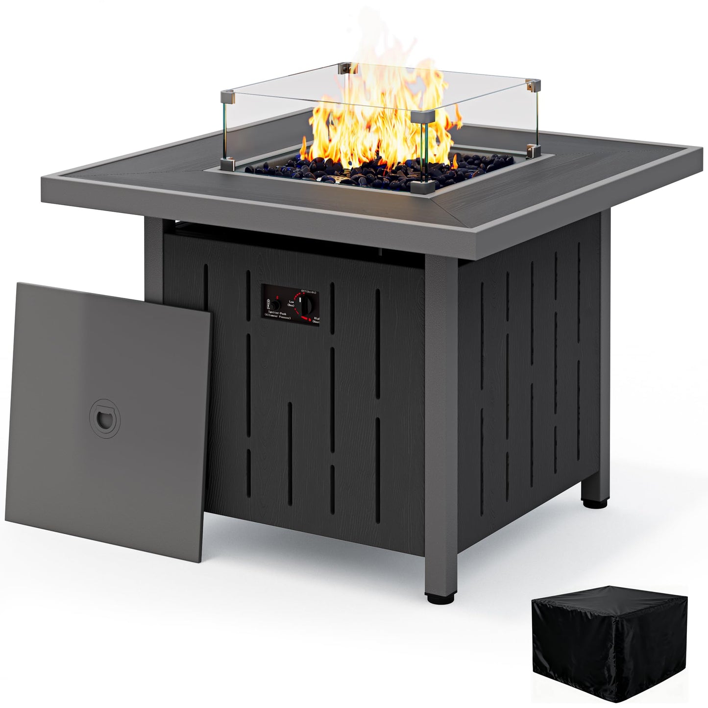 SERWALL 33" Outdoor Fire Pit Table, 50,000 BTU Square Propane Fire Pit Table with Lid, Glass Rock & Glass Wind Guard, HDPE Outdoor Furniture for Patio, Garden, Backyard, Black