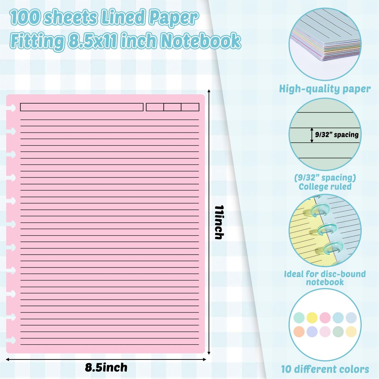 gisgfim 100 Sheets Letter Size Discbound Lined Refill Paper 8.5 x 11 Inch College Ruled Notebooks Planner Inserts 11 Disc Discbound Loose Leaf Paper Thicken for Writing School Office Supplies(Macaron)