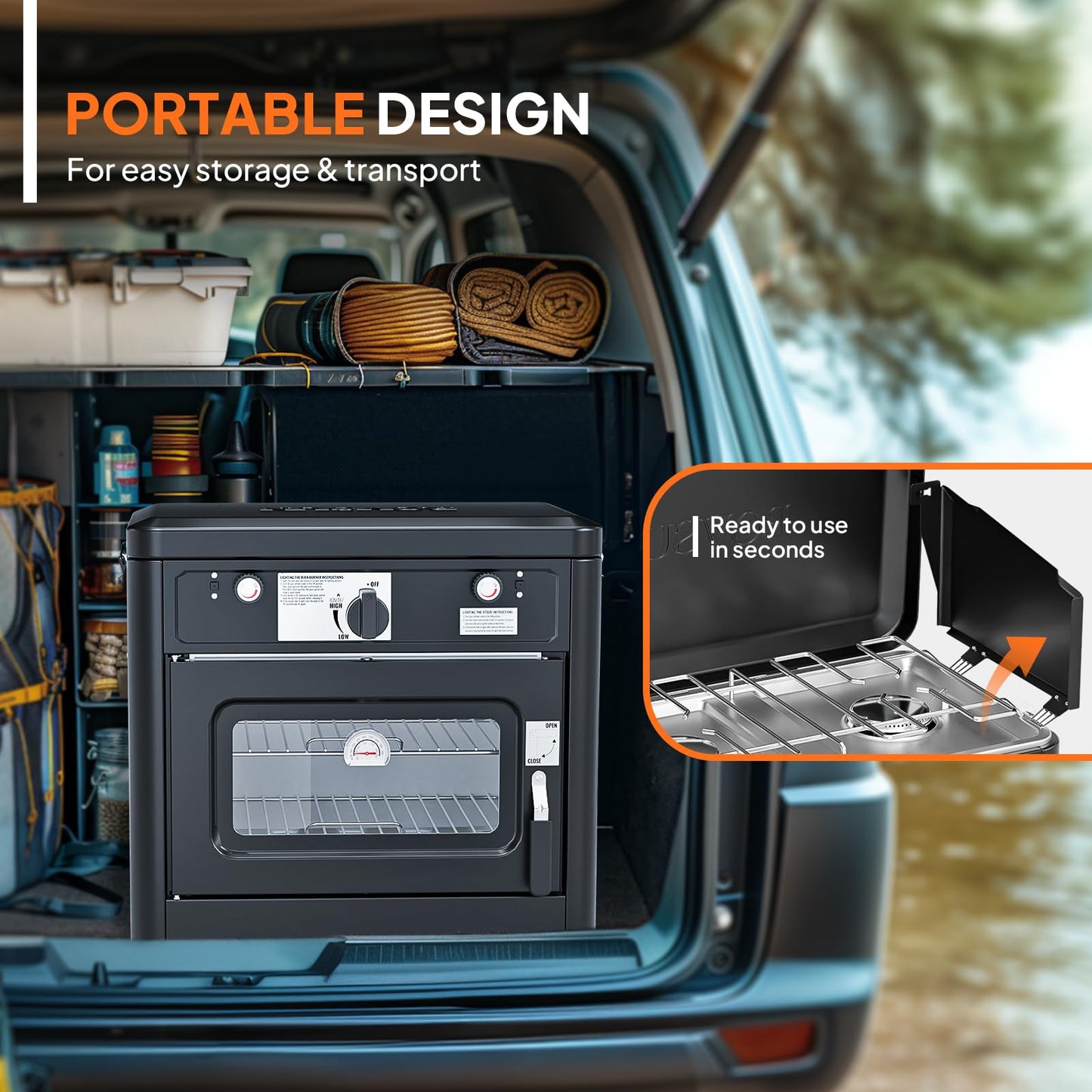 ROVSUN 2-in-1 Portable Camping Stove & Propane Oven with Piezo Igniter, 2 Burner Stove & Outdoor Oven with Adjustable Fire, Thermometer, Wind Panel & Regulator for Traveling, Tailgating (Black)
