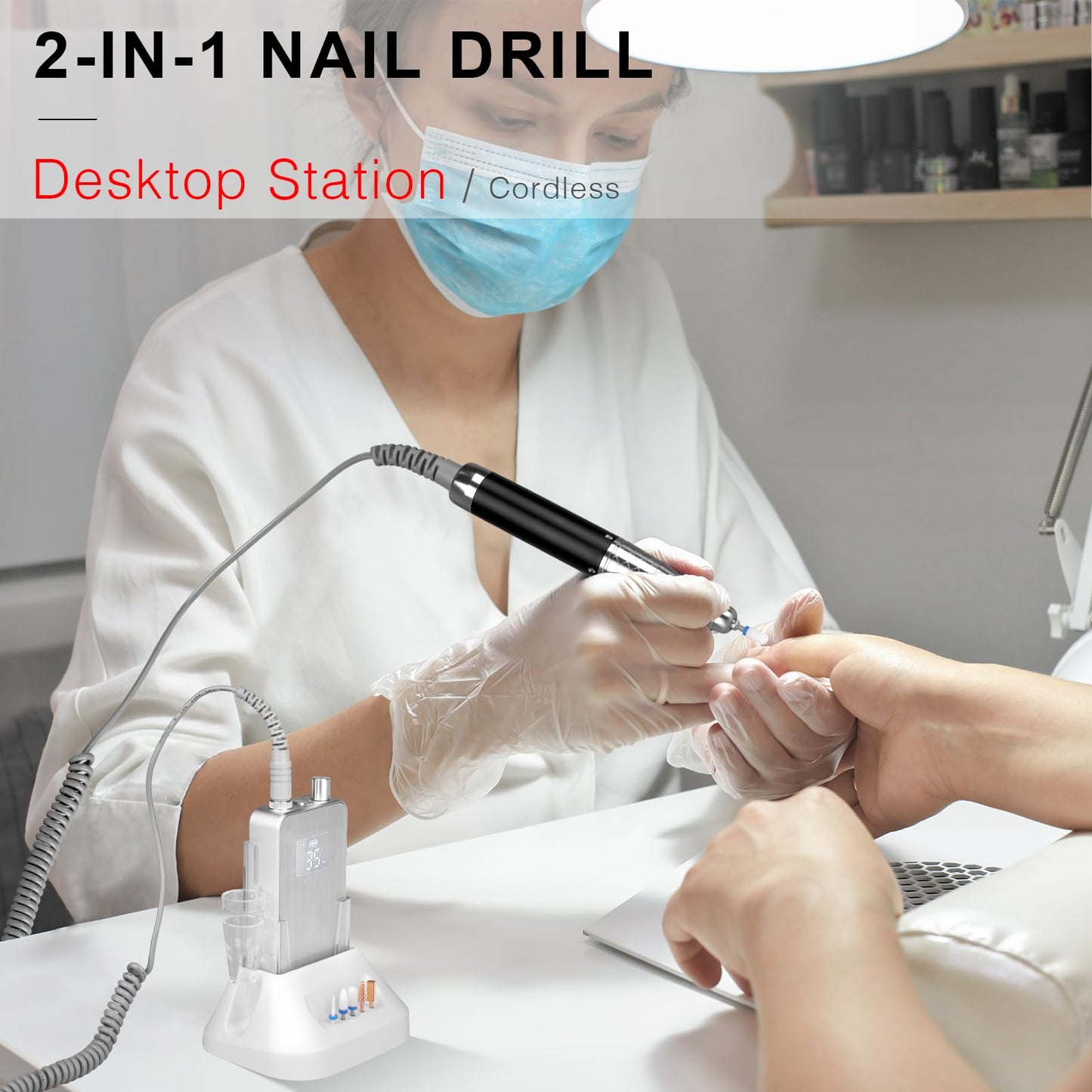 2-in-1 Professional Brushless Nail Drill, AZ GOGO 35000RPM Electric Cordless Nail File Rechargeable Portable Nail Drill Machine for Gel/Acrylic Nails 80W - Salon Level (Silver)