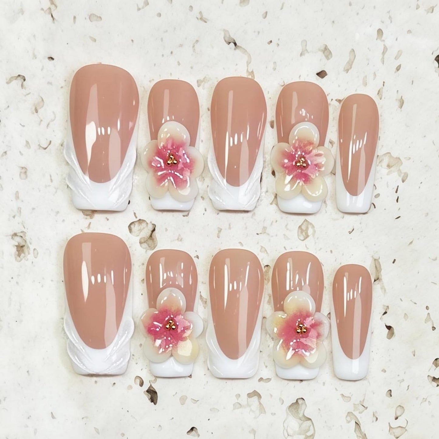Handmade Press on Nails Long Square White French Tip Thick Acrylic Fake Nails 3D Flower False Nail with Embossed Designs Elegant Sturdy Nail Art Press on Nails Multi Gel Stick on Nail 10Pcs (M)