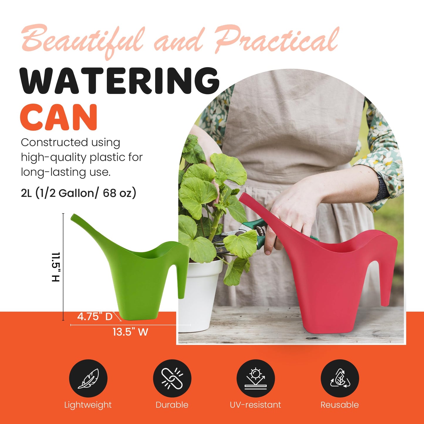Mintra 1/2 Gallon Plant Watering Can, Long Spout Plastic Water Pitcher for Indoor & Outdoor Use, Durable & Lightweight Water Can for Watering Flowers & Potted Plants, 1 Pack, 2L/68 oz – Gray