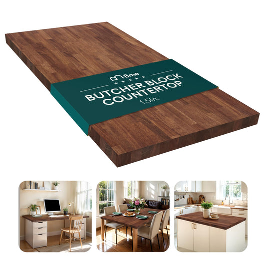 Bme Hevea Solid Wood Butcher Block Countertop, Wood Table Top, Butcher Block Desk Table Top for DIY Kitchen Island, Washer Dryer, or Workstation – Walnut - Finished - 60" L x 30" W x 1.5" Th