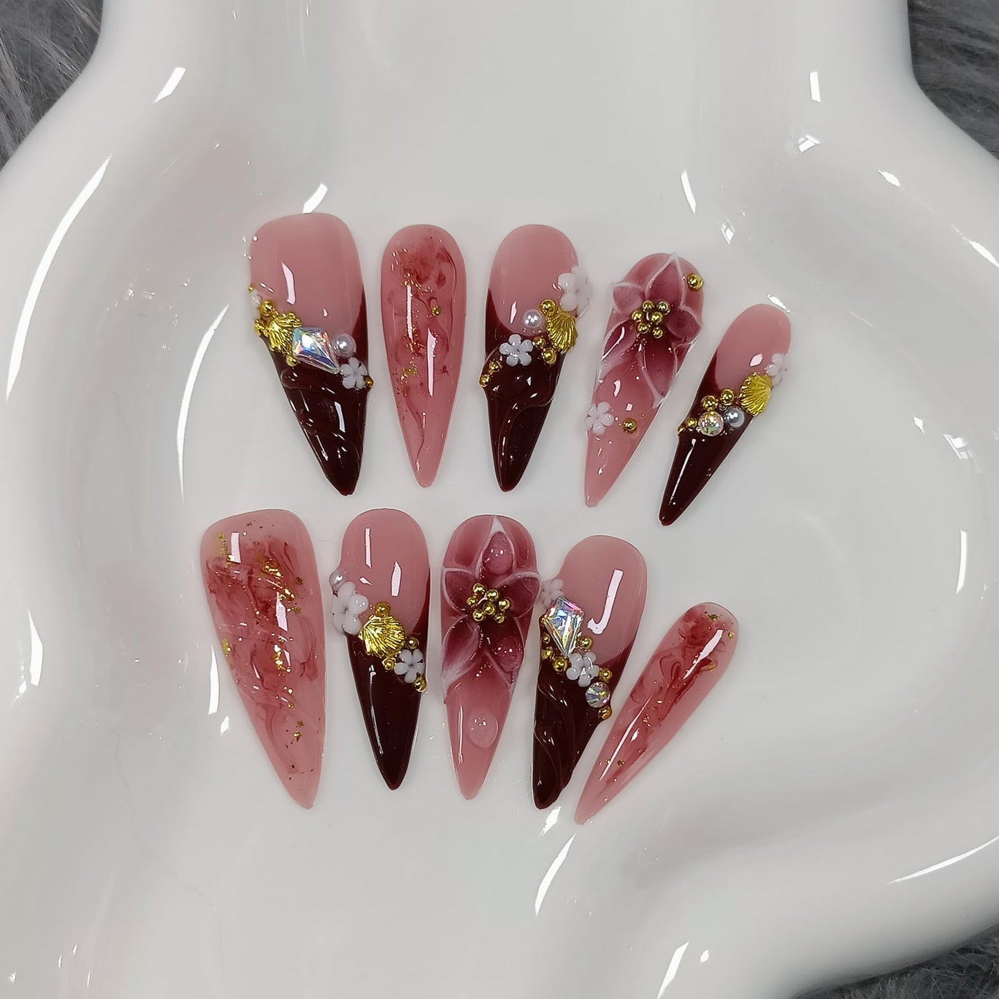TENPAL Handmade Press on Nails Long Stiletto - Burgundy French Tips 3D Floral Embossed Glossy False Nails for Women Girls Fall Winter- Glossy Acrylic Y2K Nails for Parties Date Daily Wear(S)