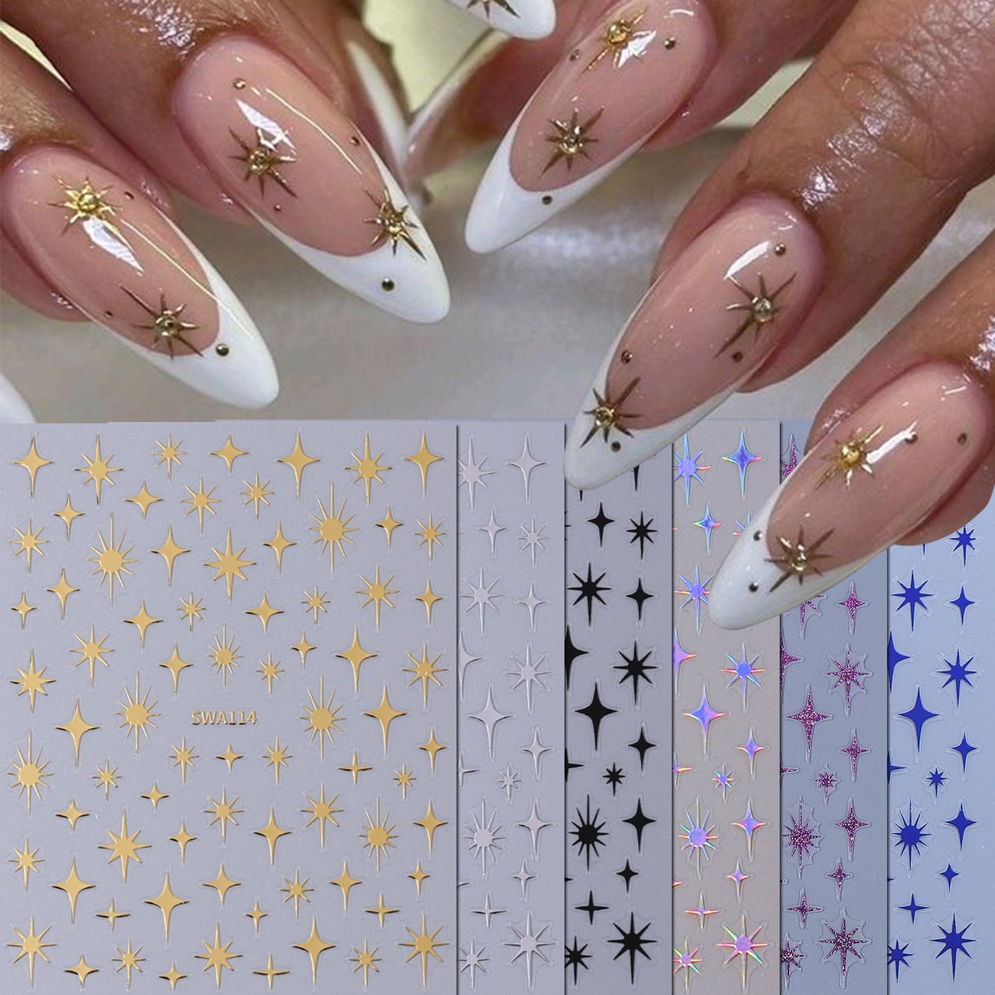 Bohemian Stickers for Nail Art 12PCS Boho Styles Nail Decals Blue Totem Gothic Nails Art Desigsn Metallic Gold Silver Star Self-Adhesive Sliders for Gel Polish Acrylic Supplies DIY Manicure Decor