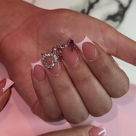 IMSOHOT Short Square Press on Nails Pink Rhinestone French Tips Fake Nails with Heart Design Full Cover Glossy Artificial Acrylic False Nails Cute Stick on Nails for Women Girls