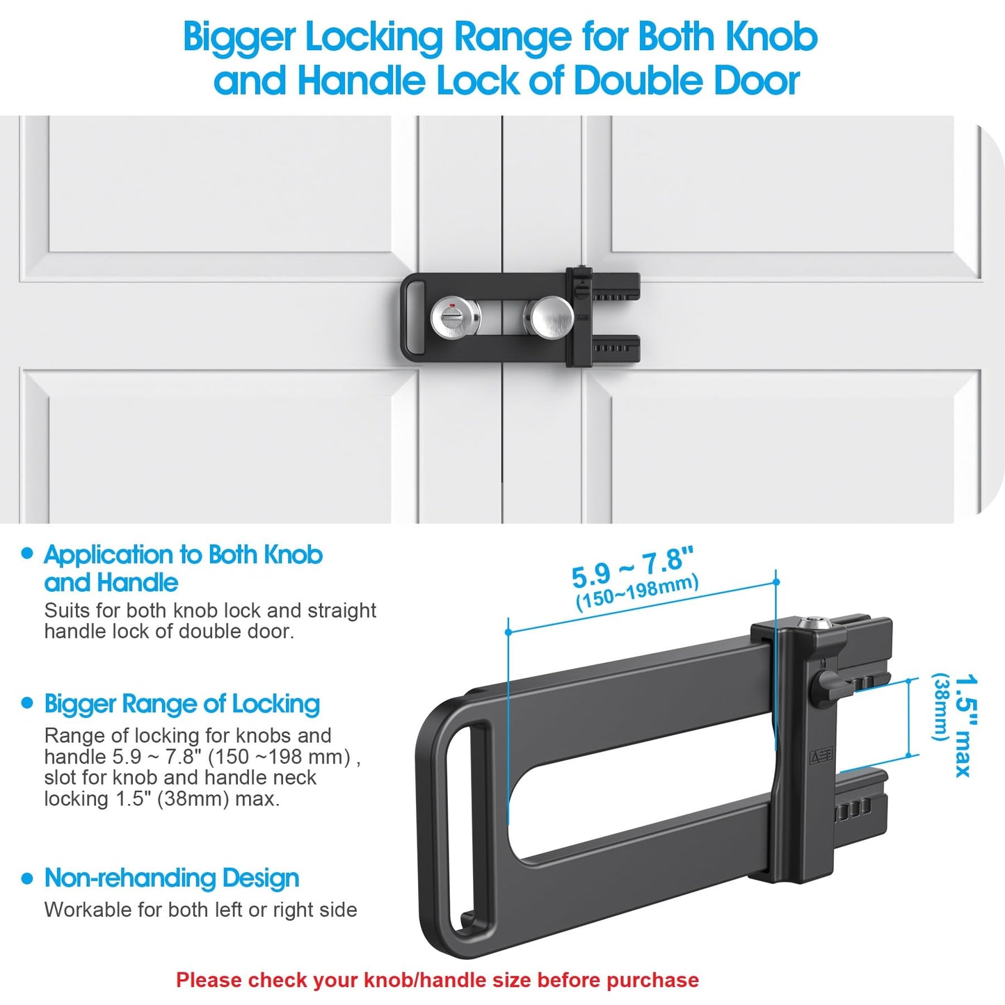 AST Double Door Security Lock, Keyed French Door Lockout Device, Reinforcement Lock for Knobs and Handle, Prevent Kick Ins, Childproof, Kids Proof Barricade (Matte Black with Snib and Cylinder)