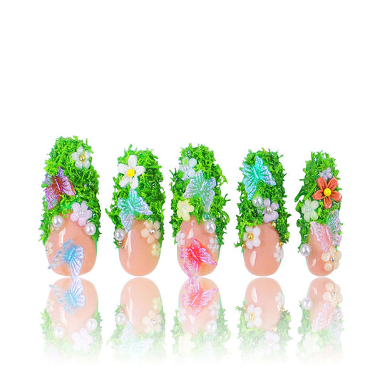 LOVFUL Press on Nails Fairy Tale Garden | Handmade with Full Covered Crystals | Reusable Full Cover Nails | Coffin Classic Regular 1.3 in | H151-L