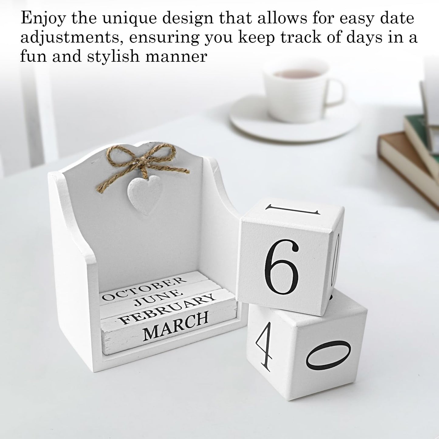 Rustic Wooden Desk Calendar - Adjustable Perpetual Cube (5.7x5.9in), White European-Style for Home Office Decor, Photography Prop