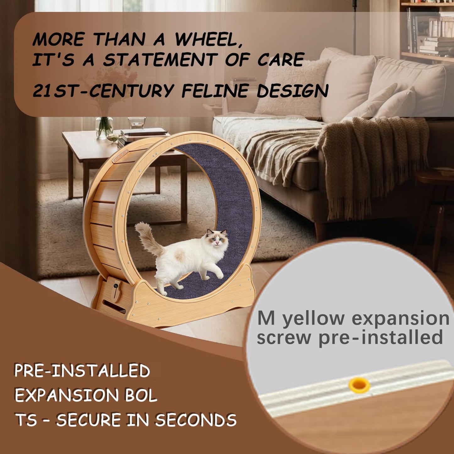 ZooVibe Cat Exercise Wheel Large - 35.4'' Wooden Treadmill for Indoor Cats with Low Noise, Safety Lock, Detachable Carpet & Eco-Friendly Design for Fitness, Weight Loss and Entertainment