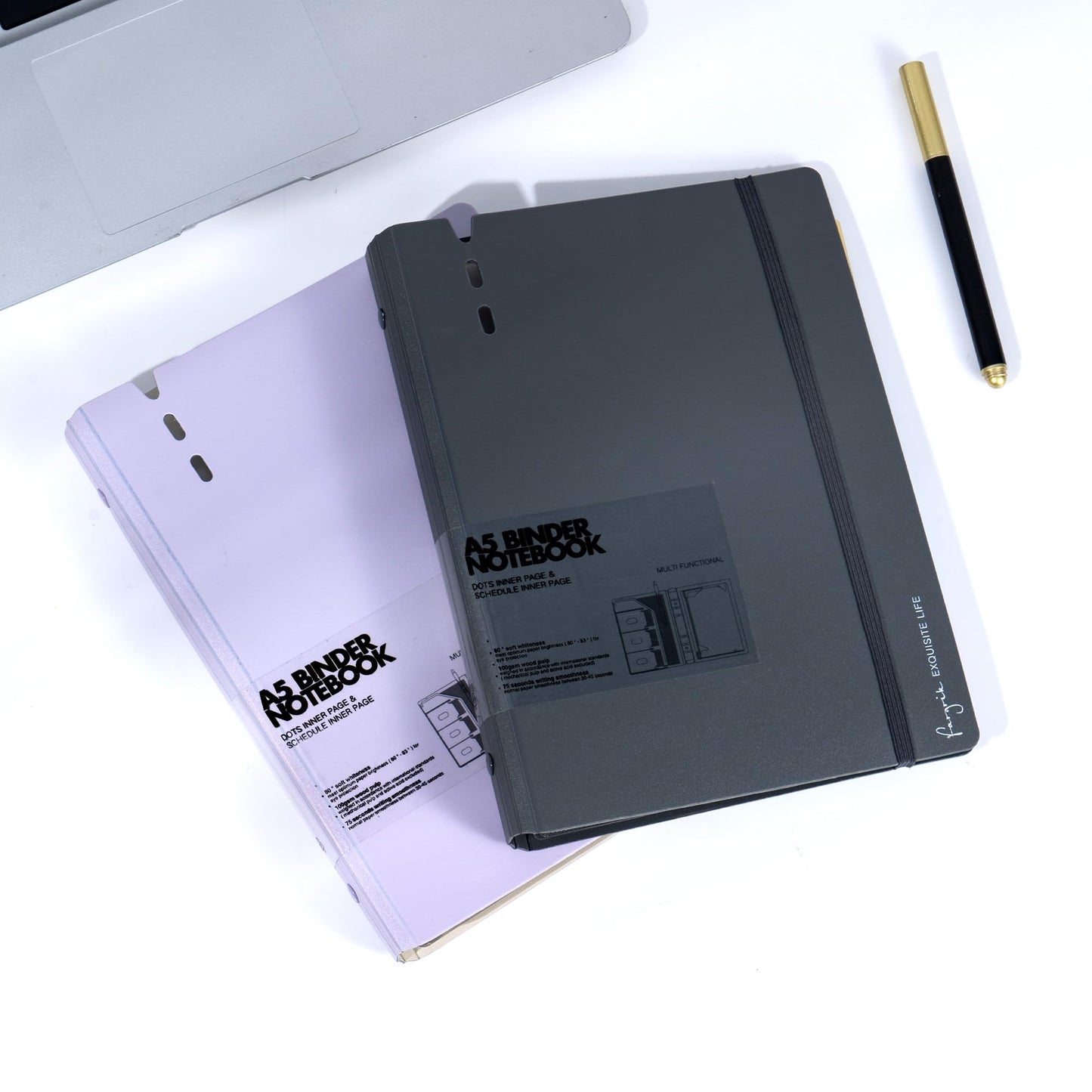 CAGIE A5 Binder 6 Ring Notebook with Dividers Refillable Planner Binder with Pockets, Refill Paper Include Planning Square Ruled and Dotted Pages, 6.89 x 9.25 in, (Grey and Purple, A5 Daily&Dot Page)