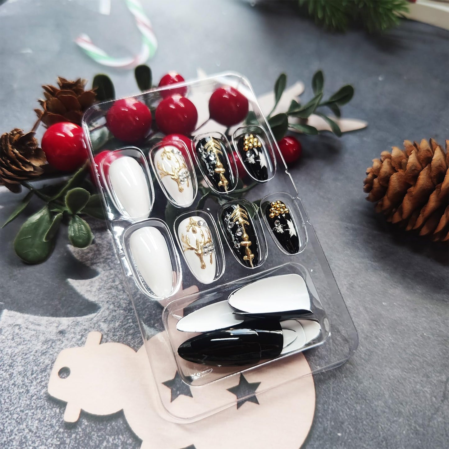 3D Elk Medium Almond False Nails Xmas Bell Stick on Fingernails Christmas Press on Nails Glossy White Snowflake Acrylic Fake Nail 24Pcs Rhinestones Gel Glue on Nail for Women Xmas Gift