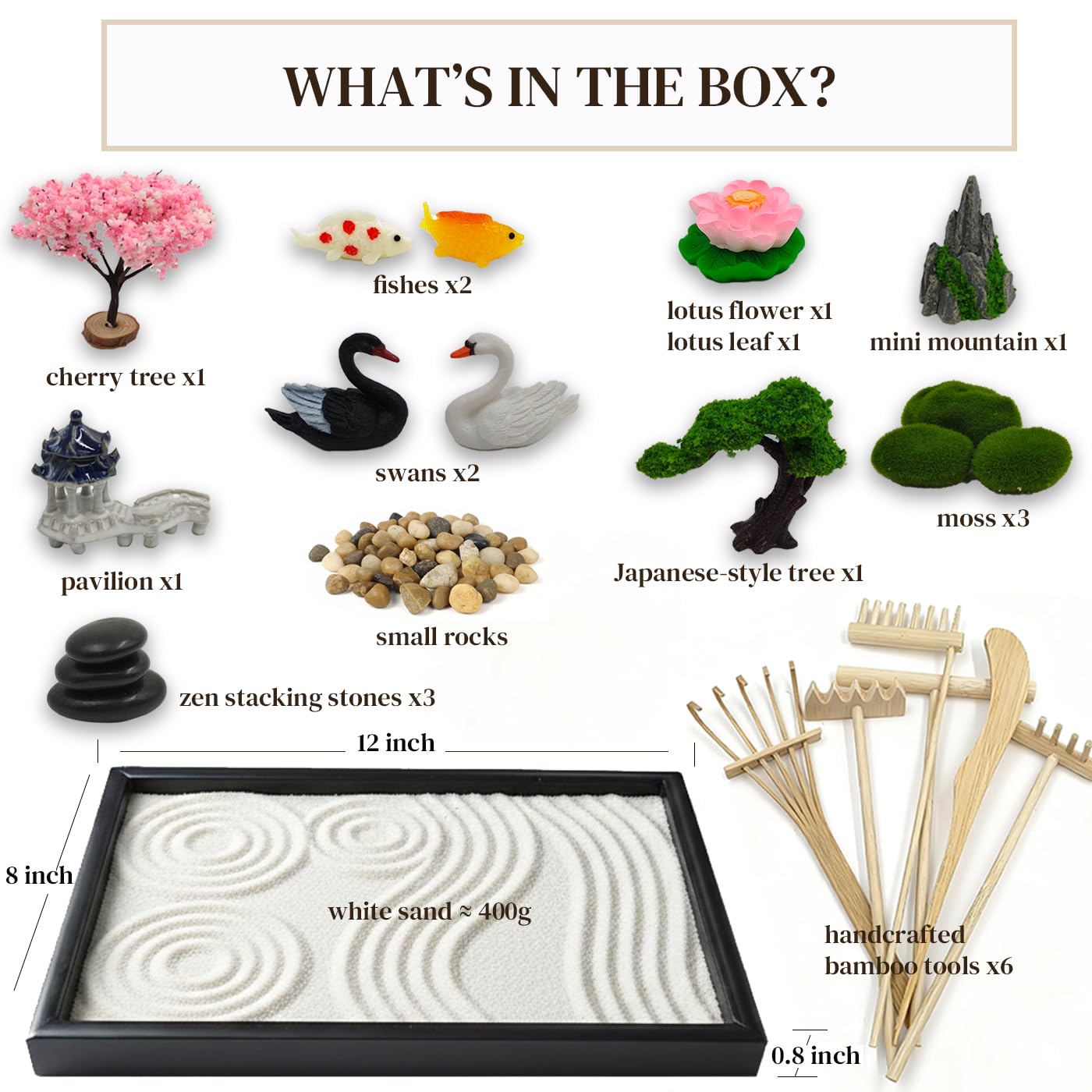 FotuKare Zen Garden for Desk, Japanese Garden Home Office Desktop Decor for Meditation Sand Tray Therapy Kit,11.8'' X 7.9'' Large Size,Bamboo Rake Tools, Valentine's Day Gift