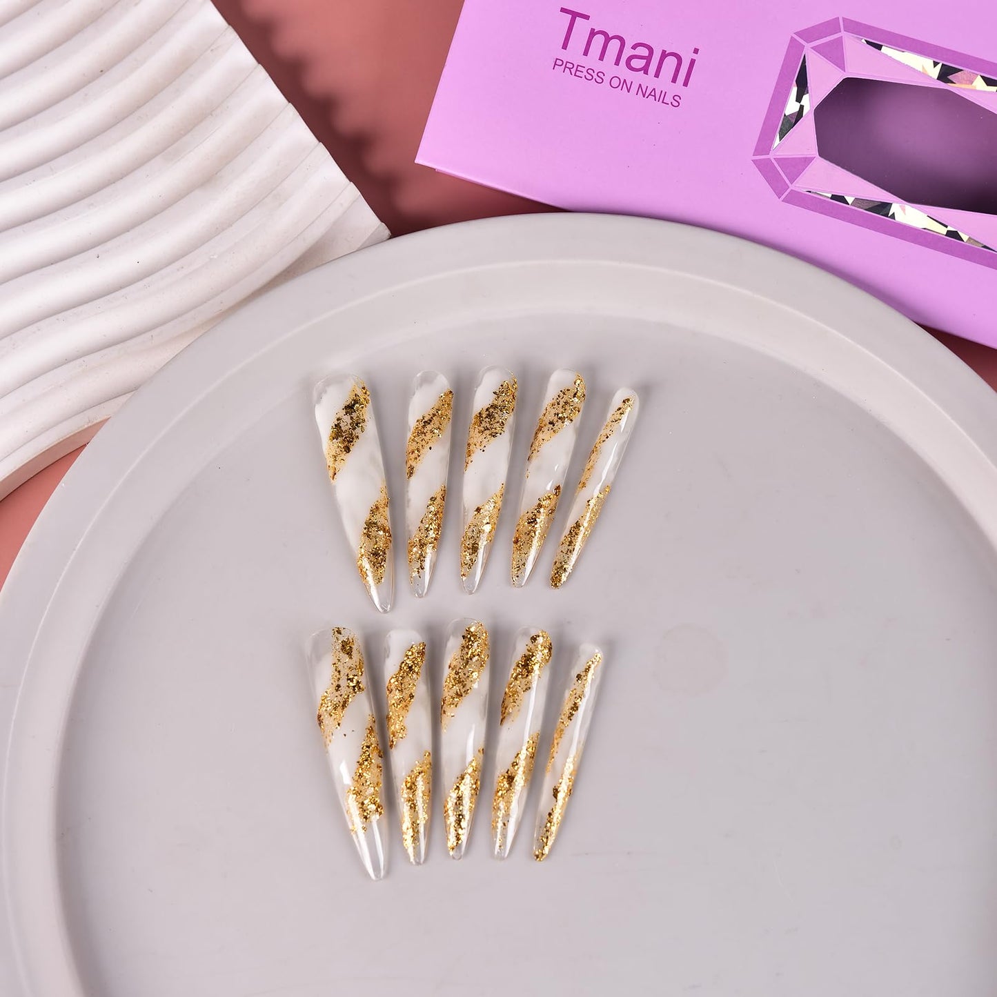 Tmani 10pc/set Extra Long Handmade Press On Nail Hot Girl's Long Ballet Nails Pointed Nail Full of Diamond Glitter Decoration Fake Nails Suitable For Girls Festival Parties and Birthday Gift (062,M)