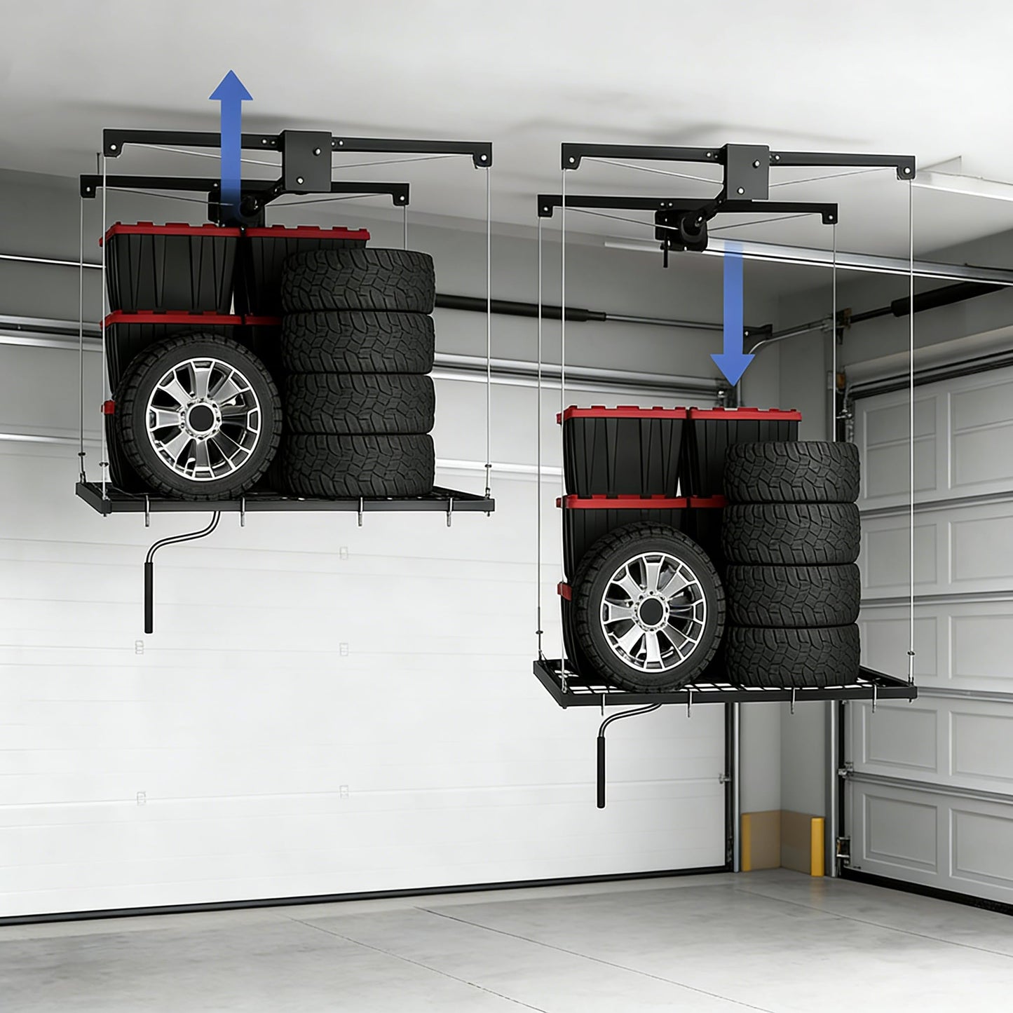 EliteEdge 【Dual-Cable Safety · Crank Lift System】 4x4ft Overhead Garage Storage Rack with 350lb Capacity - Heavy Duty Garage Ceiling Storage Racks for Space-Saving