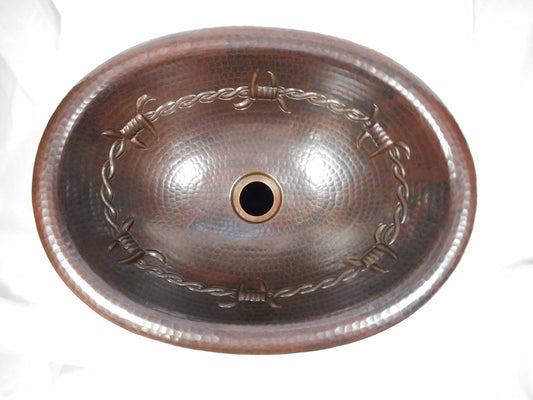 SimplyCopper 16" Oval Rustic Copper Bathroom Sink with Barbed Wire Design