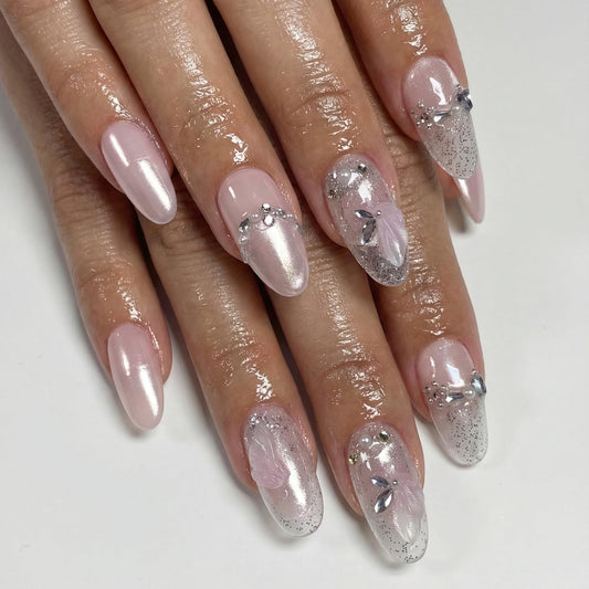 BABALAL Press on Nails, Medium Almond Fake Nails, Sliver Cat Eye Design, Pearl Rhinestone Charm Luxury Bling sparkly Acrylic, 24Pcs False Nails for Women Girls