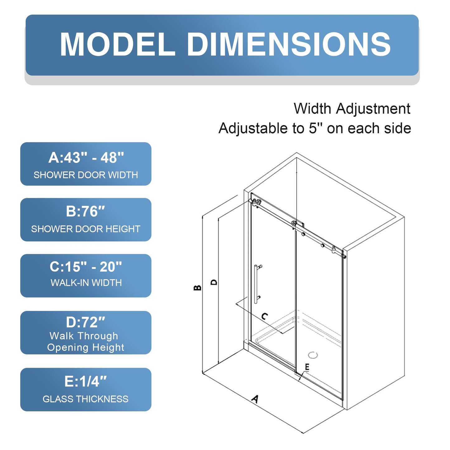 KPUY Frameless Shower Door, 43-48" W x 76" H Sliding Glass Shower Door, 1/4" (6mm) Thick Tempered Clear Glass with Explosion-Proof Film Nano Coating, Stainless Steel Hardware, Matte Black