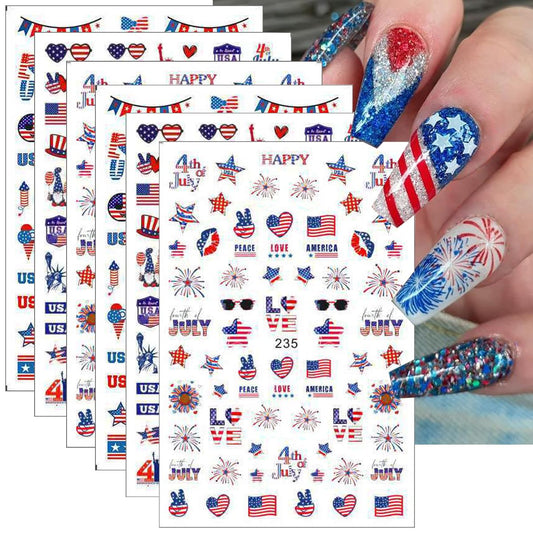 6Pcs/Celebrate 4th of July Nail Stickers for Nail Art Set - Independence Day Fireworks USA America UK Flags Adhesive Nail Art Sticker Decals DIY Patriotic Manicure Sliders Decorations Supplies