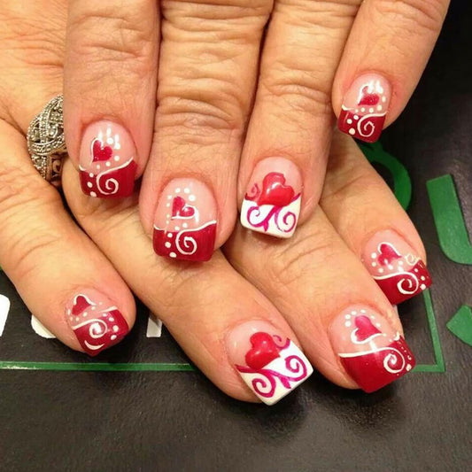 Valentine's Red French Tip Press on Nails Short Square Red Love Heart White Polka Dots Design Full Cover Glossy Artificial Nails Valentine's Acrylic Naills Holiday Stick on Nails for Women