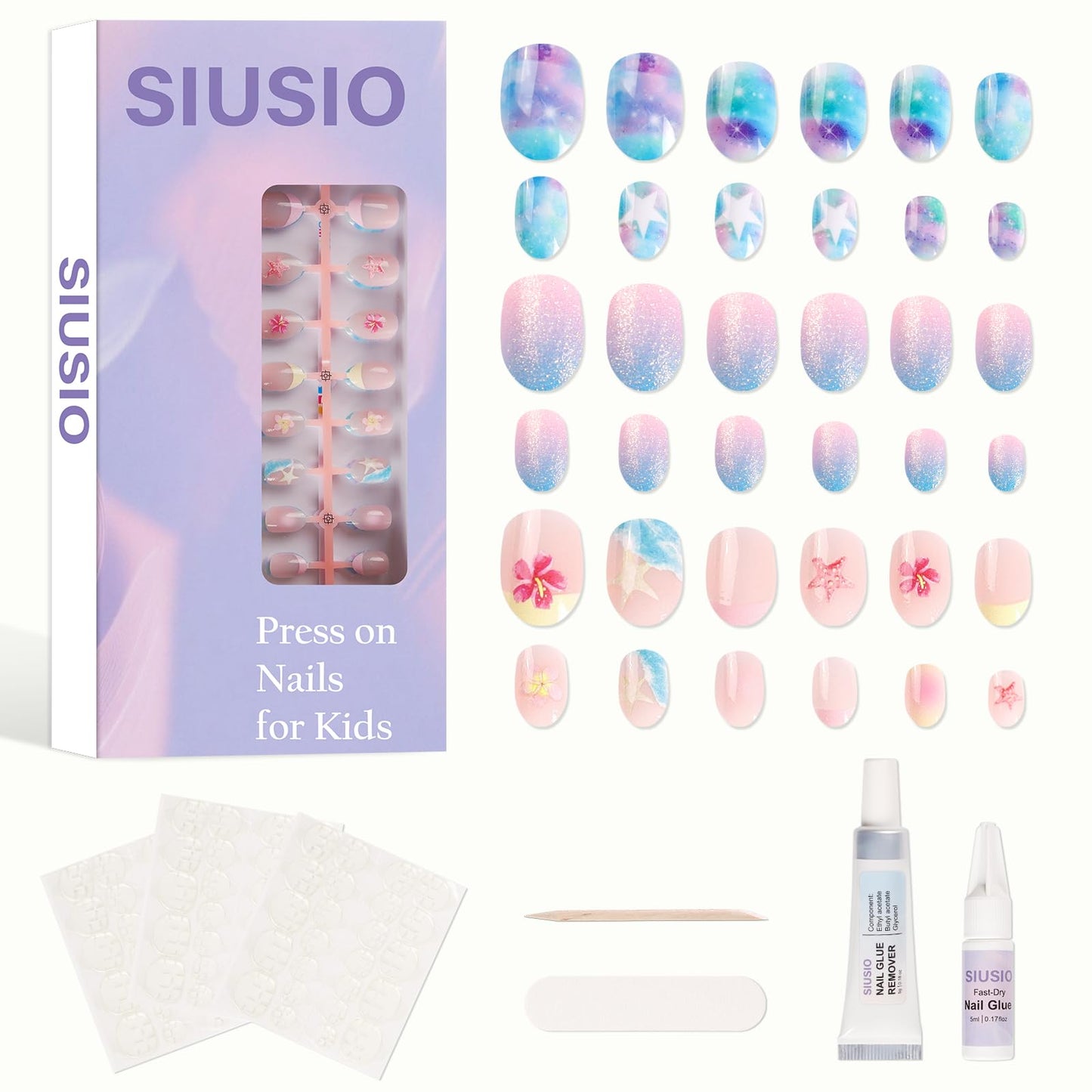 SIUSIO 3Pack Children Acrylic Fake Nails, 72pcs Press on Full Cover Glitter Gradient Color Short Almond False Nail Art Kits Set with Sticker Tabs Nail Glue Gel for Kids Little Girls - Summer Ocean