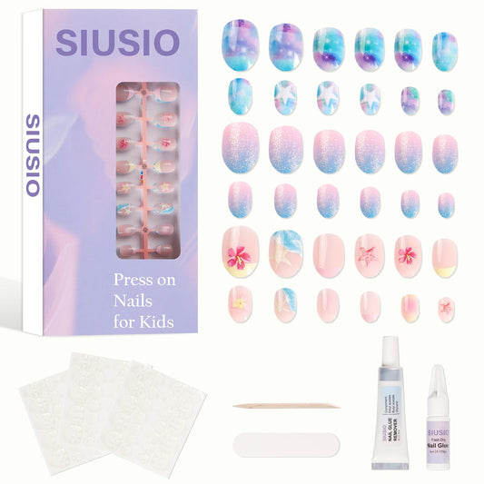 SIUSIO 3Pack Children Acrylic Fake Nails, 72pcs Press on Full Cover Glitter Gradient Color Short Almond False Nail Art Kits Set with Sticker Tabs Nail Glue Gel for Kids Little Girls - Summer Ocean