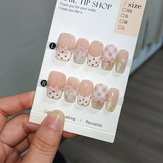 TENPAL 10Pcs Y2K Short Medium Coffin Press On Nails With Tools Kit,Light Pink Cat Eye French Fake Nails with Dot Bow Plaid Pattern,K-Beauty Acrylic Glue on Nails for Wedding Party Daily Wear(L)