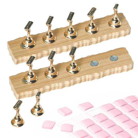 BPrettier Nail Holder for Painting Nails 2 Set Super Magnetic Nail Stand for Press on, Press on Nail Stand with 96 Pcs Reusable Sticky Putty for Nail Art Display Home & Salon Use.(Wood & Gold)