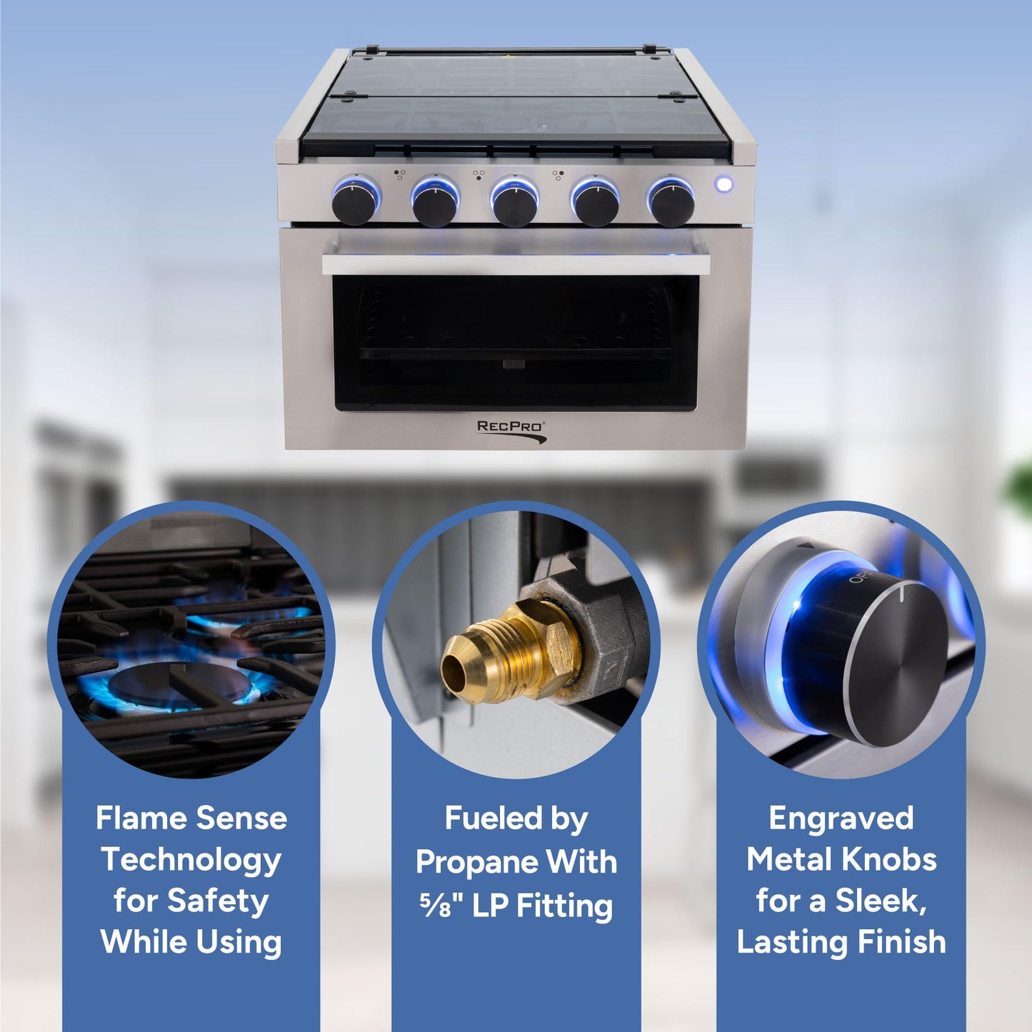 RecPro RV Stove | 21" x 17" Cooktop | 17" Tall Gas Range | 3 Burner | 1.8 Cu. Ft | 7100 BTU | Black or Silver Finish | Optional Vented Range Hood (Stainless, With Range Hood)