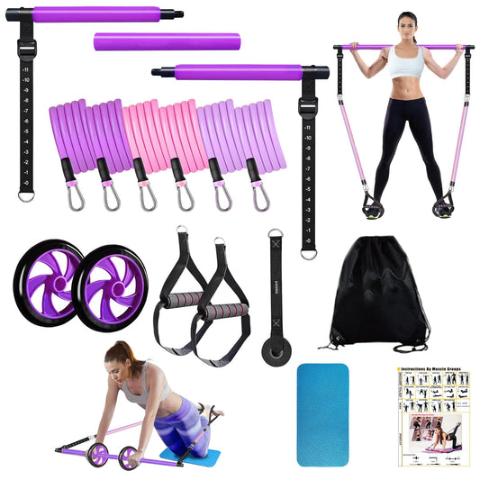 Pilates Bar Kit with Resistance Bands for Working Out, Pilates Equipment with Ab Roller for All Fitness Levels, Portable Home Gym Full Body Workout Equipment for Women&Men