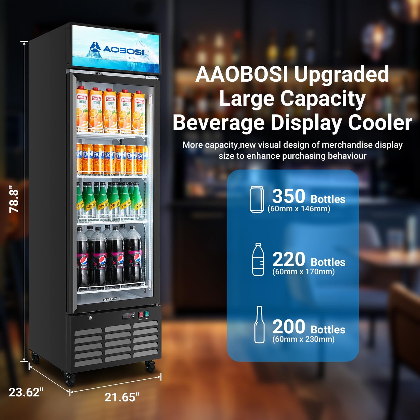 AAOBOSI Commercial Merchandiser Refrigerator,12.29 Cu.Ft Glass Door Display Refrigerator,Upright Beverage Fridge with Soft LED Light,Customizable Lightbox,Universal Casters, Adjustable Shelves