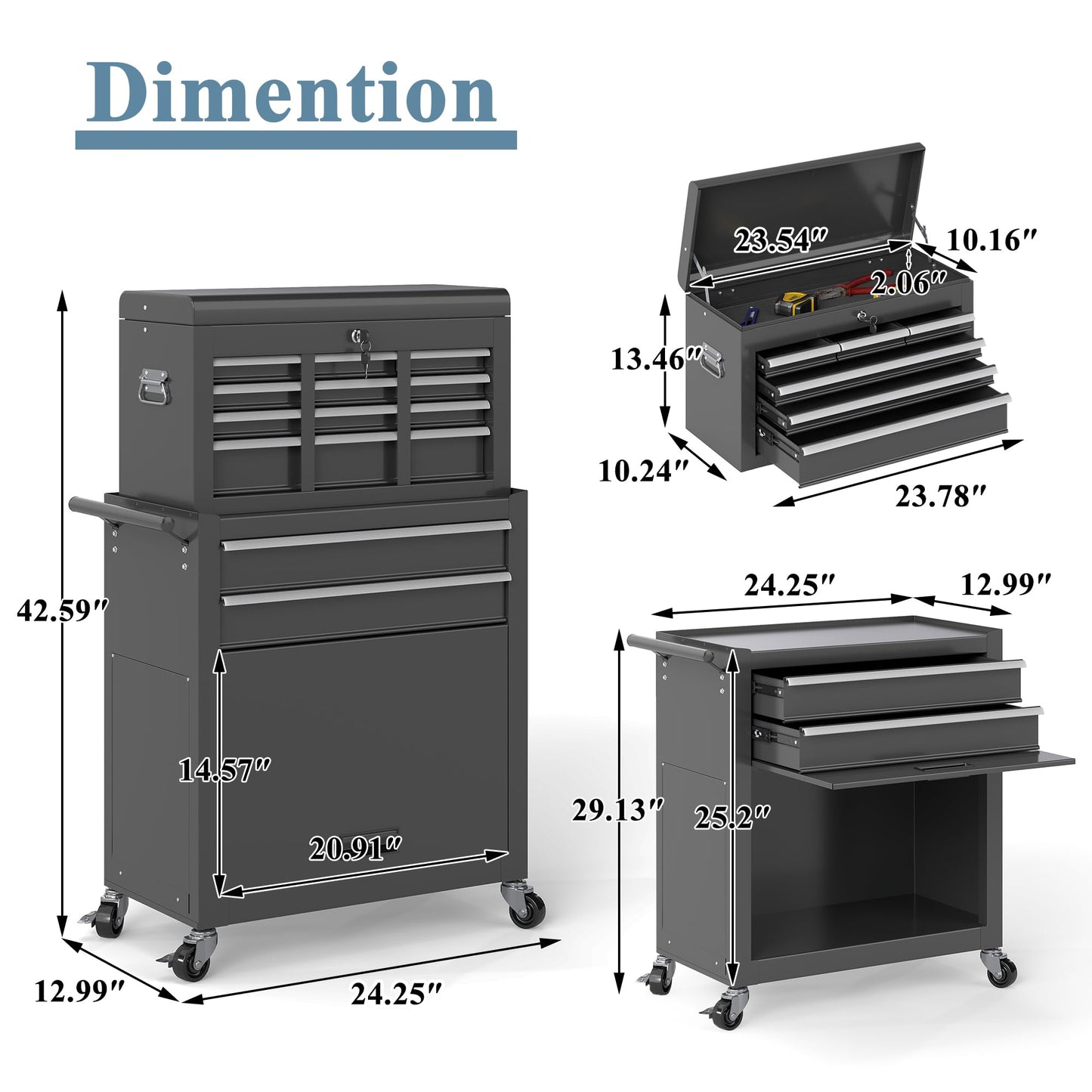 HOWSVN Tool Chest, 8 Drawers Rolling Tool Cabinet, Removable Cabinet Storage Tool Box with Hooks and Liners,Universal Lockable Wheels, Metal Tool Storage Cart, Tool Box for Garage, Workshop