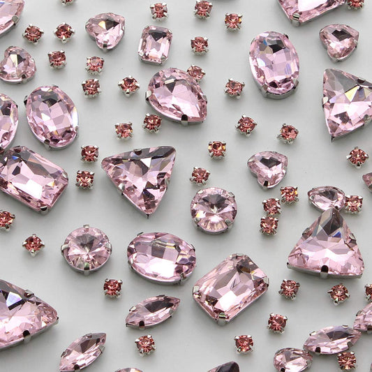 TANOSII Sew on Rhinestones 100 PCS Mixed Shapes Glass Rhinestones Sew on Crystal Gems Mental Flatback with Silver Claw for Jewelry Crafts Clothes Shoes Costume Garment Light Pink