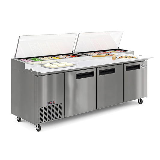 KoolMore 92 in. Commercial Pizza Prep Table with Cutting Board, Food Protection Lid, Refrigerated Cold Storage, Rolling Casters, Three-Door in Stainless Steel, ETL Listed, (KM-RPPS-3DSS)