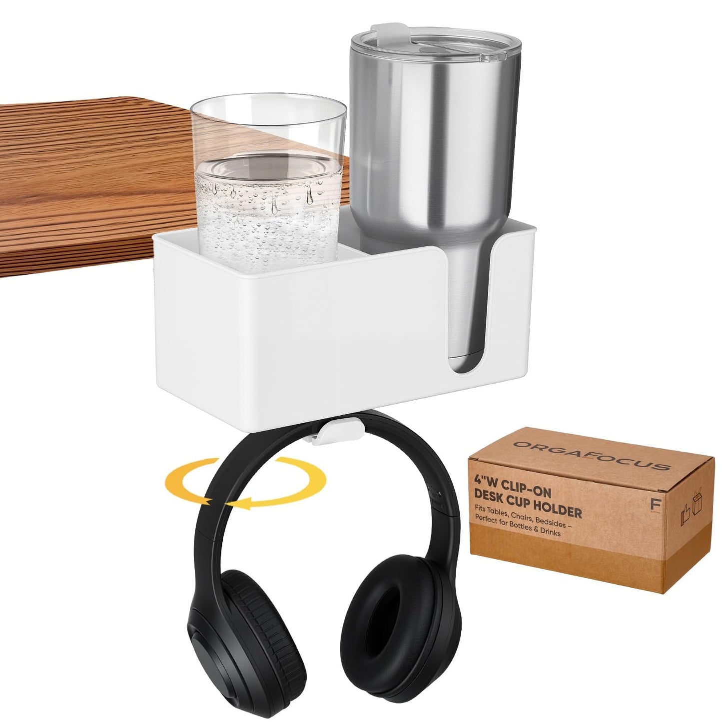4-in-1 Clip On Desk Cup Holder, Fits up to 40oz cups - Mountable Holder with Adjustable Divider & 360° Rotating Hook - No Spill Clamp On Drink Holder Attachment - for Desk Chair Table Bed Tray - White