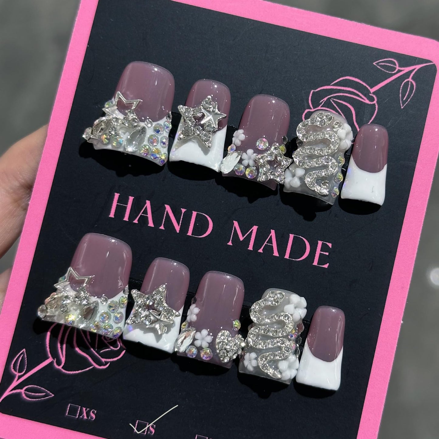 10Pcs Handmade Duck Press on Nails French Tip Fake Nails with 3D Star Rhinestone Design Reusable Acrylic False Nail Handmade Duck Nails Press ons Full Cover Artificial Stick on Nails for Women (S)