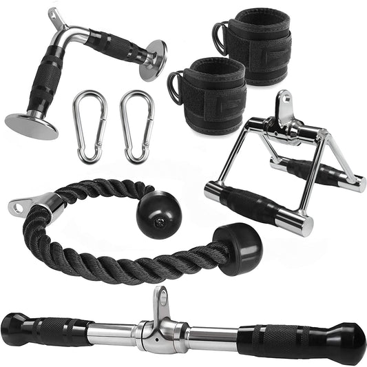 WNOEY Cable Machine Attachment, LAT Pulldown Attachments, Home Gym Accessories, Triceps Pull Down Attachment (V Handle + Row Handle + Rotating Bar + Tricep Rope + Ankle Straps)