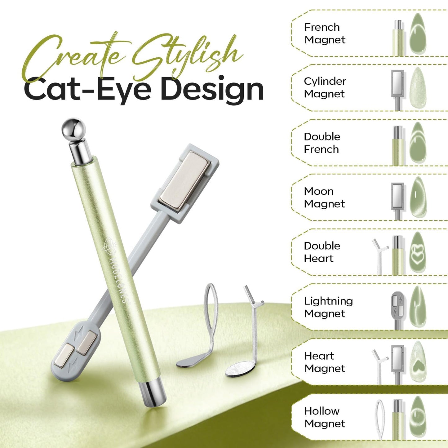 modelones Cat Eye Magnet for Nails, 3-in-1 Green Cateye Gel Polish Magnet Pen & Heart-Shaped Magnet for Nail Art & Ball &Hole &Lightning Magnet, Multi-Effect Magnets for Nail Art Lovers DIY Salon