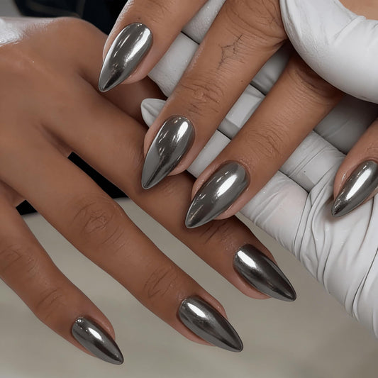 Smoky Gray Press On Nails Almond - KQueenest Chrome Press On Nails Medium, Pearlescent Black Fake Nails Press ons, Glitter Glue on Nails Medium Stiletto, Glazed Gel Stick On Nails for Women, 24 Pcs
