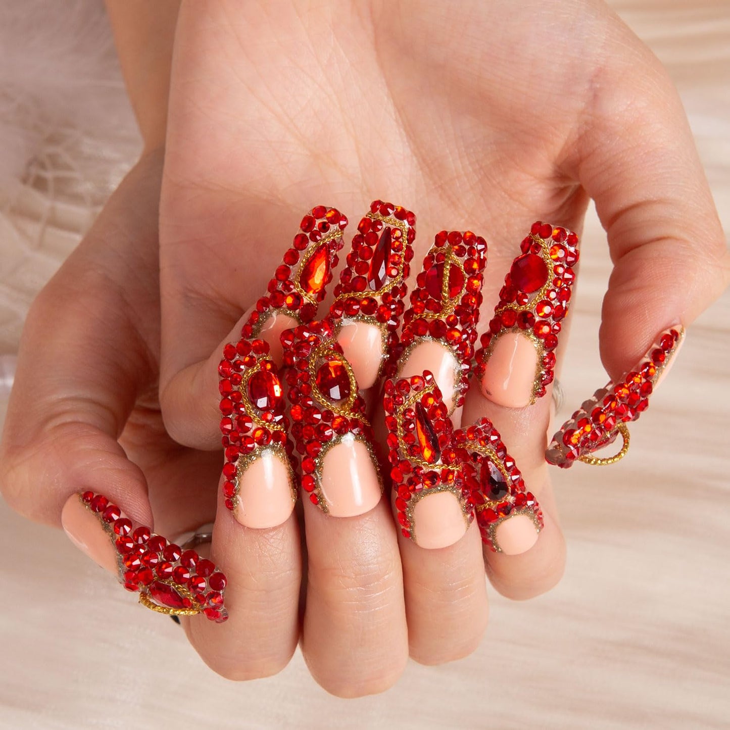 LOVFUL Press on Nails Flamingo | Handmade with Full Covered Crystals | Reusable Full Cover Nails | Coffin Classic Regular 1.3 in | H37-L