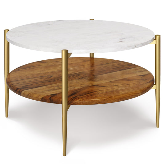 SIMPLIHOME Wagner Coffee Table - 30 inch Wide Solid Acacia Wood and Genuine Marble Round Living Room Table in White and Natural, Mid-Century Modern Table for Family Room with Gold Metal Base and Legs