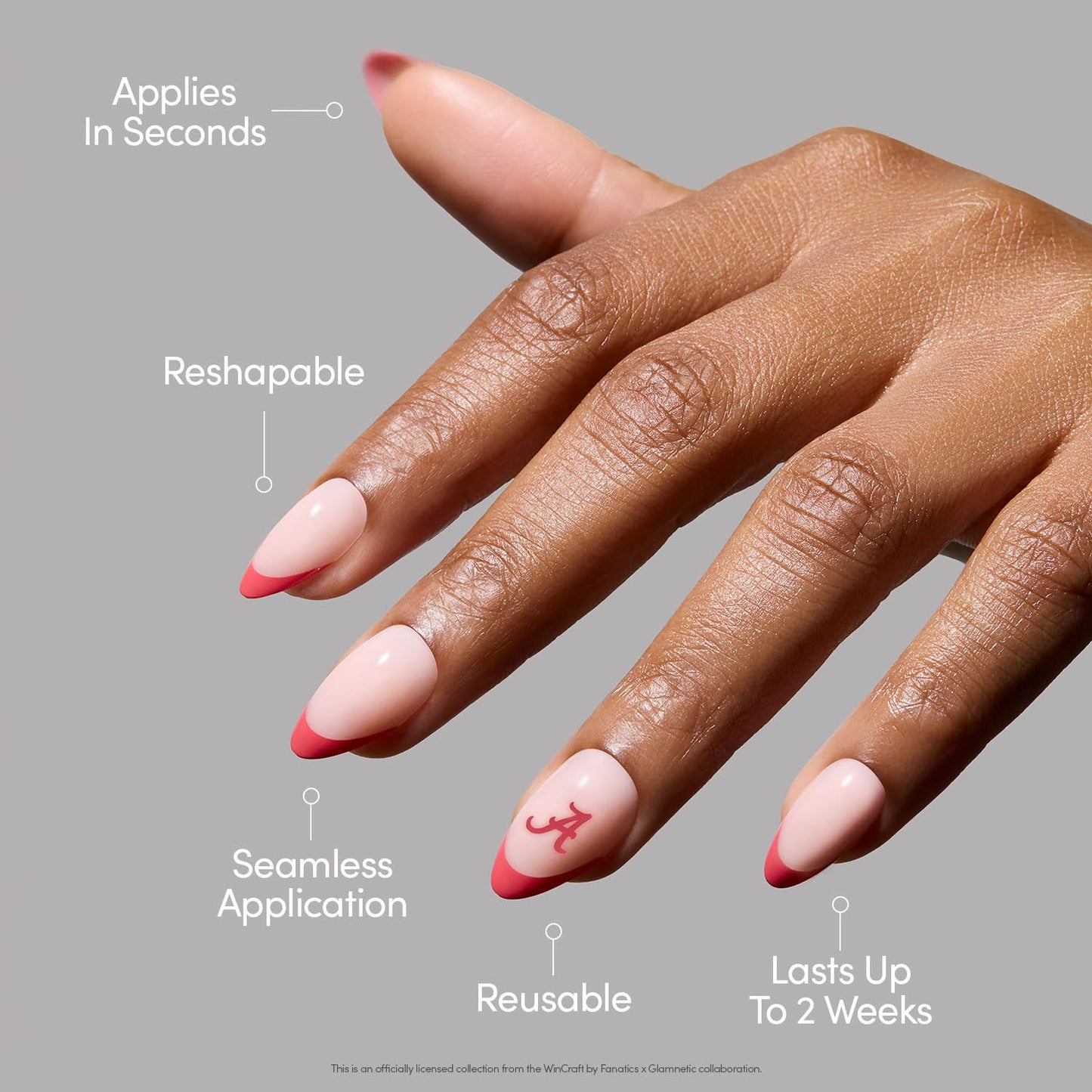 Glamnetic x Fanatics Press On Nails - Alabama Crimson Tide | Short Almond Fake Nails, Collegiate Crimson Tide Red French Tips, College Nails, Salon-Quality | 15 Sizes - 30 Nail Kit with Glue