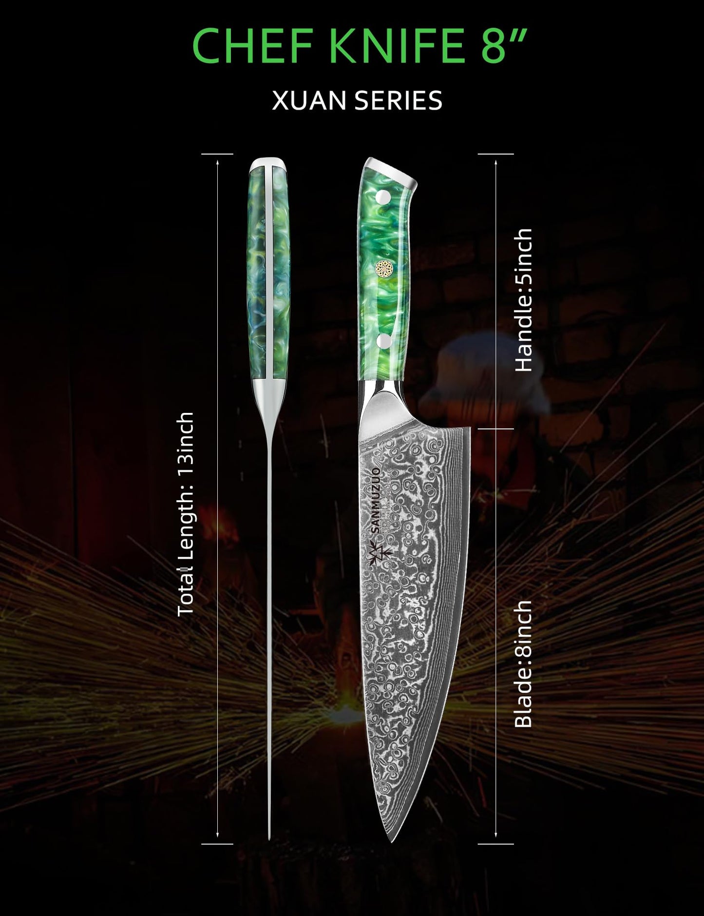 SANMUZUO Chef Knife - 8 inch - Xuan Series - VG10 Damascus Steel Kitchen Knife - Resin Handle (Jade Green)